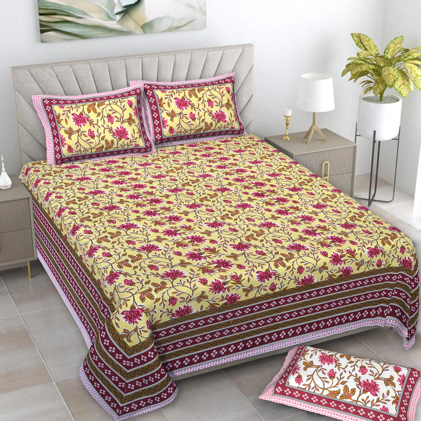 Braise Premium | Full Size 87 x 104 in | 100% Pure Cotton | Double Bedsheet with 2 Pillow Covers (PKC 14)