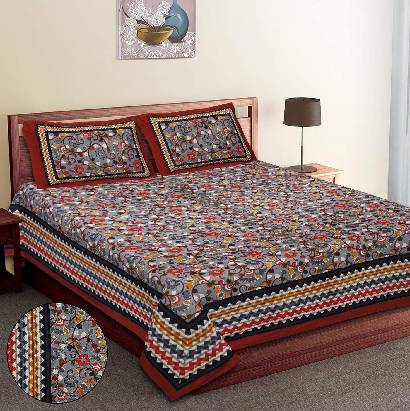 Braise Premium | Full Size 90 x 108 in | 100% Pure Cotton | Double Bedsheet with 2 Pillow Covers (Jaipuri, Design 1)