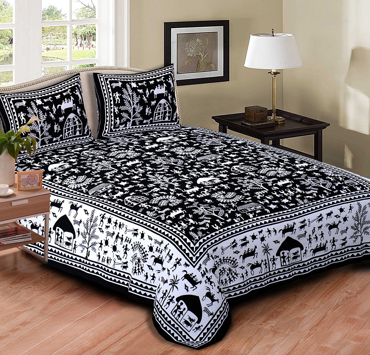 Braise Premium | Full Size 90 x 108 in | 100% Pure Cotton | Double Bedsheet with 2 Pillow Covers (Black and White Designs)