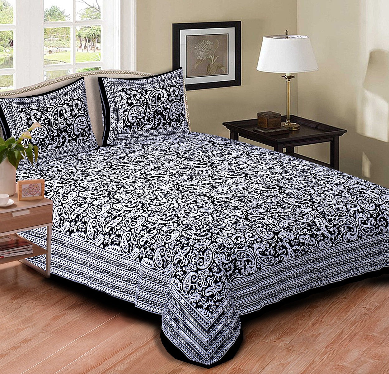 Braise Premium | Full Size 90 x 108 in | 100% Pure Cotton | Double Bedsheet with 2 Pillow Covers (Black and White Designs)