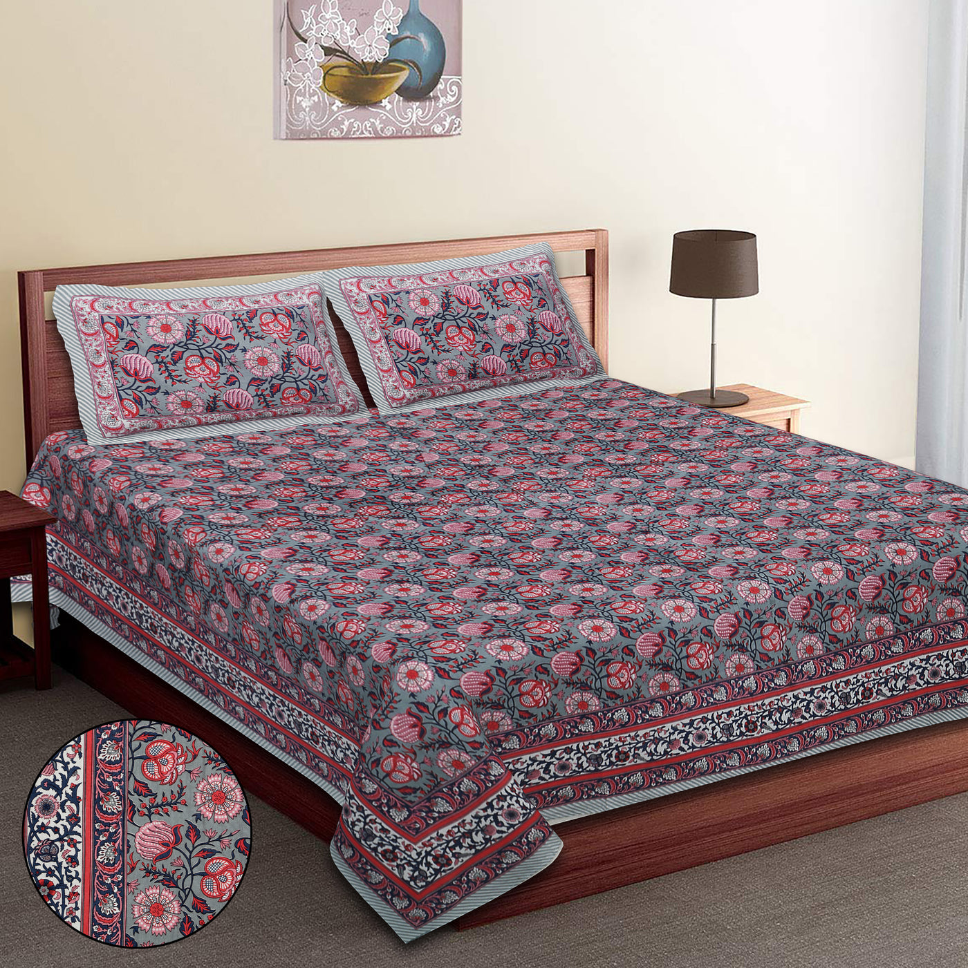 Braise Premium | Super King Size 108 x 108 in | 100% Pure Cotton | Bedsheet for Double Bed with 2 Pillow Covers (3 Flower Design)