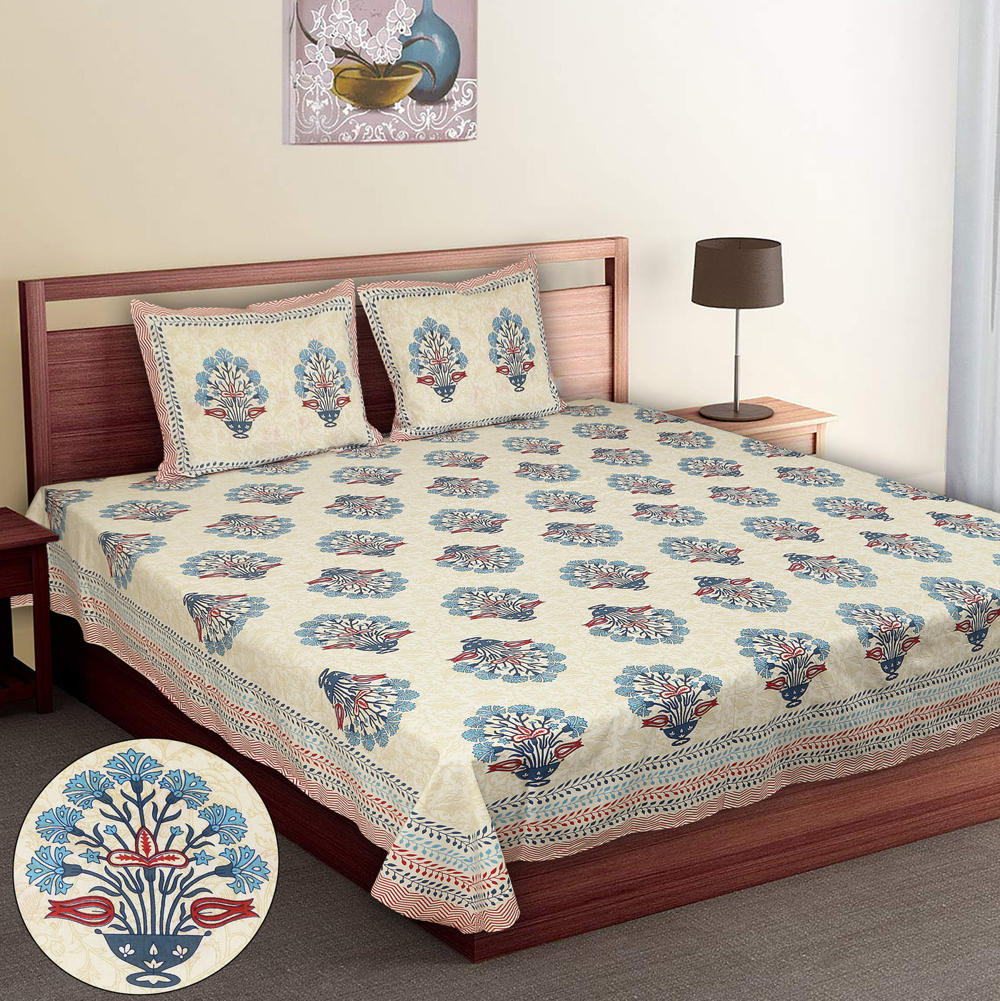 Braise Premium | Super King Size 108 x 108 in | 100% Pure Cotton | Bedsheet for Double Bed with 2 Pillow Covers (Bouquet Of Flowers Design )