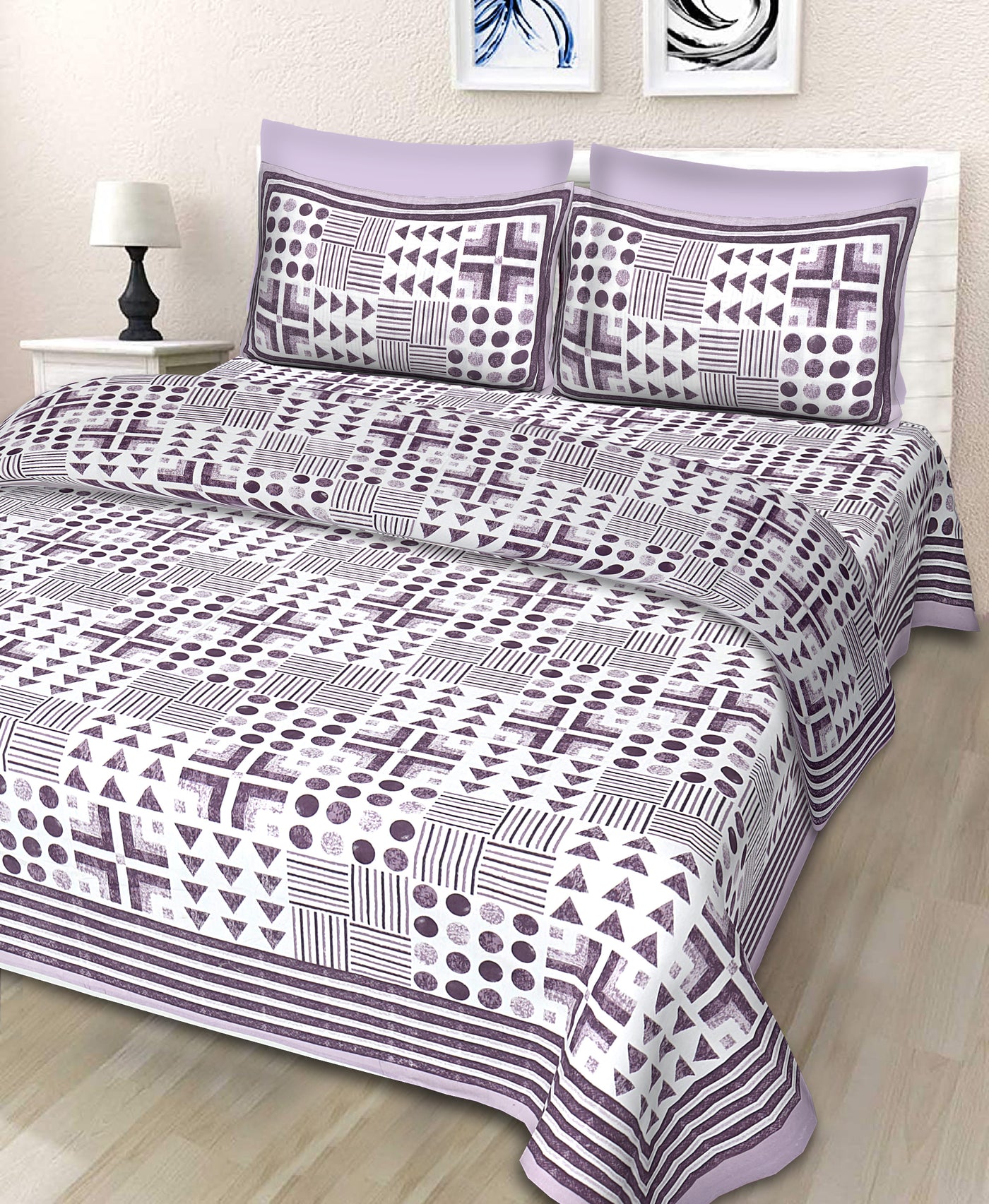 Braise Premium | Full Size 90 x 108 in | 100% Pure Cotton | Double Bedsheet with 2 Pillow Covers (Geometry Design)