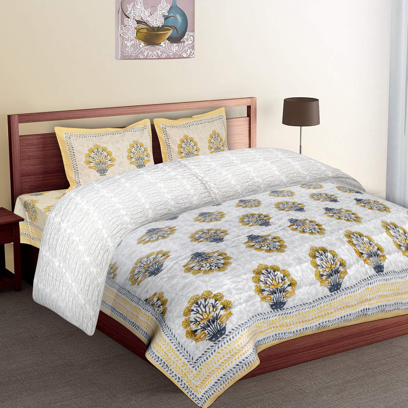 Braise Premium | Malmal with Cotton Filling | Jaipuri Razai Rajai | A/c Quilt for Double Bed | Large Size (Bouquet Of Flowers Design )