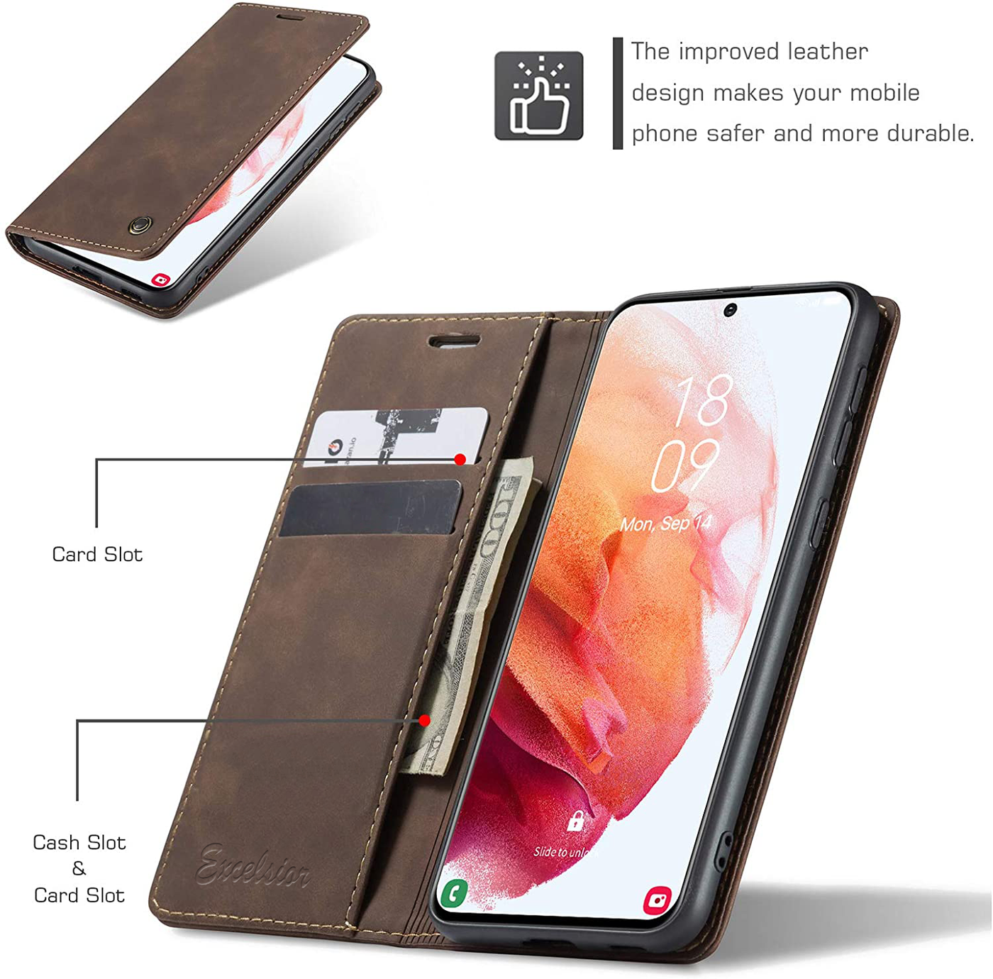 Samsung Galaxy S21 5G Leather Wallet flip case cover with card slots by Excelsior