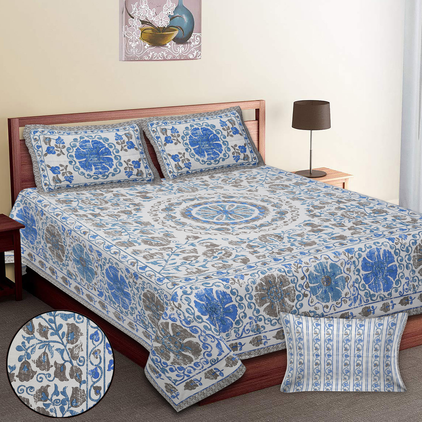 Wanderlust Premium | Medium Size 70 x 100 in | 100% Pure Cotton | Double Bedsheet with 2 Pillow Covers (ART7001)