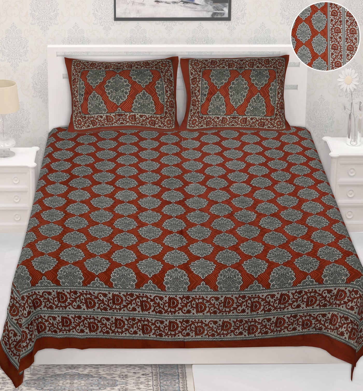 Wanderlust Premium | Full Size 93 x 108 in | 100% Pure Cotton | Double Bedsheet with 2 Pillow Covers (PKC04)