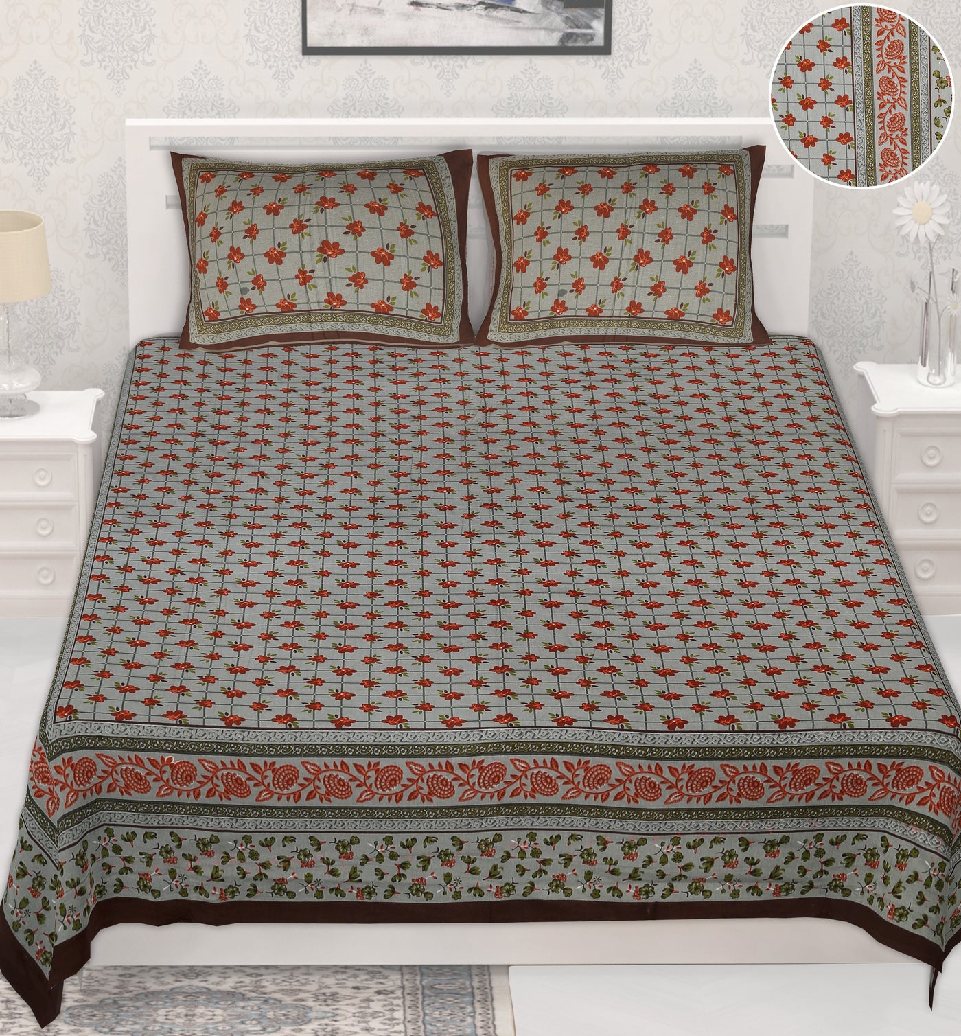 Braise Premium | Full Size 87 x 104 in | 100% Pure Cotton | Double Bedsheet with 2 Pillow Covers (PKC 07)