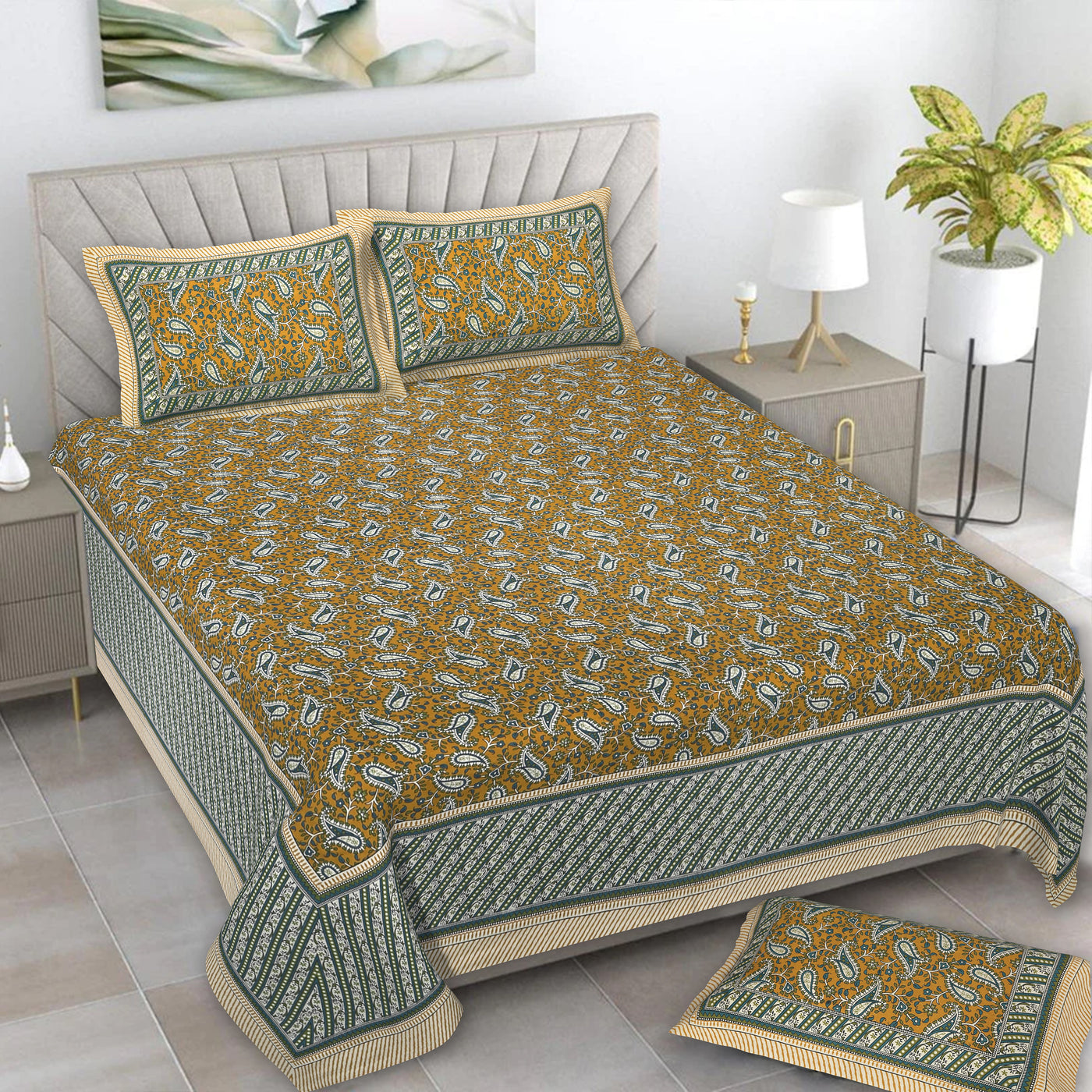 Braise Premium | Full Size 87 x 104 in | 100% Pure Cotton | Double Bedsheet with 2 Pillow Covers (PKC 17)