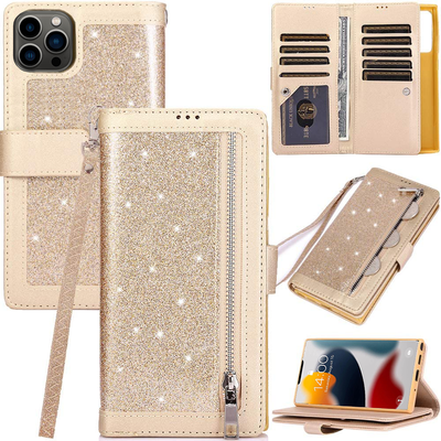 Excelsior Premium Leather Glitter Wallet Flip Case Cover | Trifold Purse Clutch For Apple iPhone 14 Pro Max