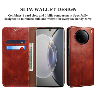 Excelsior Premium Vintage PU Leather Wallet flip Cover Case For Vivo X90 Pro