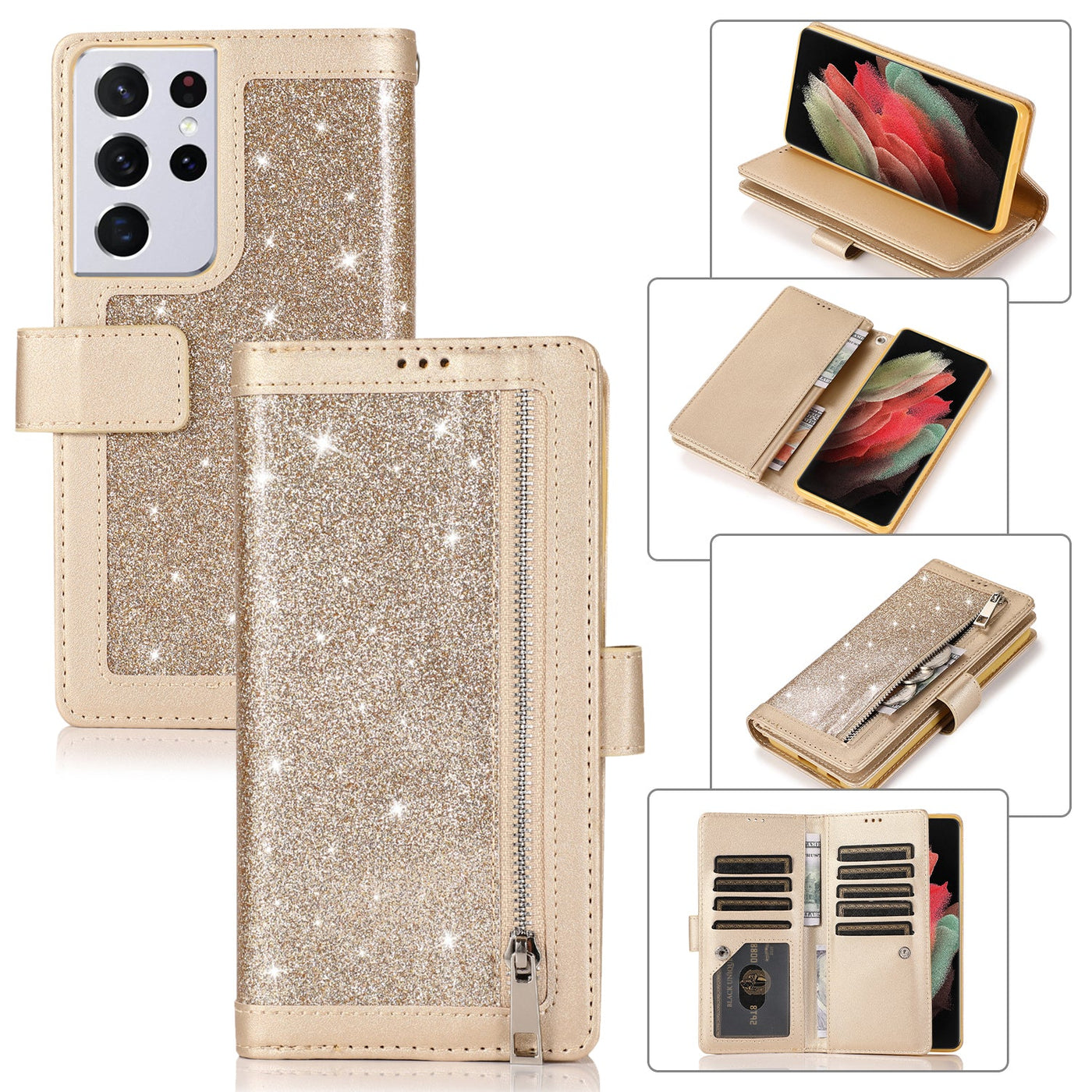 Samsung Galaxy S23 Ultra Premium Leather Glitter Wallet Flip Case Cover | Trifold Purse Clutch By Excelsior