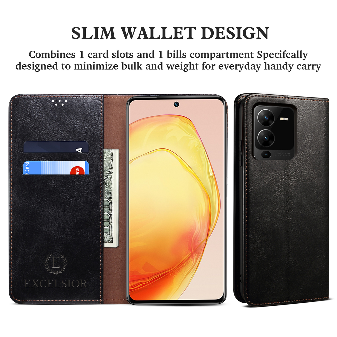 Excelsior Premium Vintage PU Leather Wallet flip Cover Case For Vivo V25 Pro