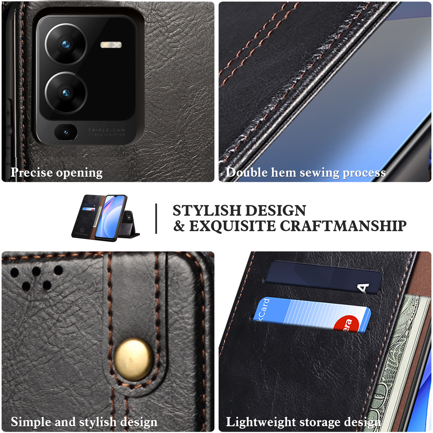 Excelsior Premium Vintage PU Leather Wallet flip Cover Case For Vivo V25 Pro