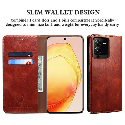 Excelsior Premium Vintage PU Leather Wallet flip Cover Case For Vivo V25 Pro