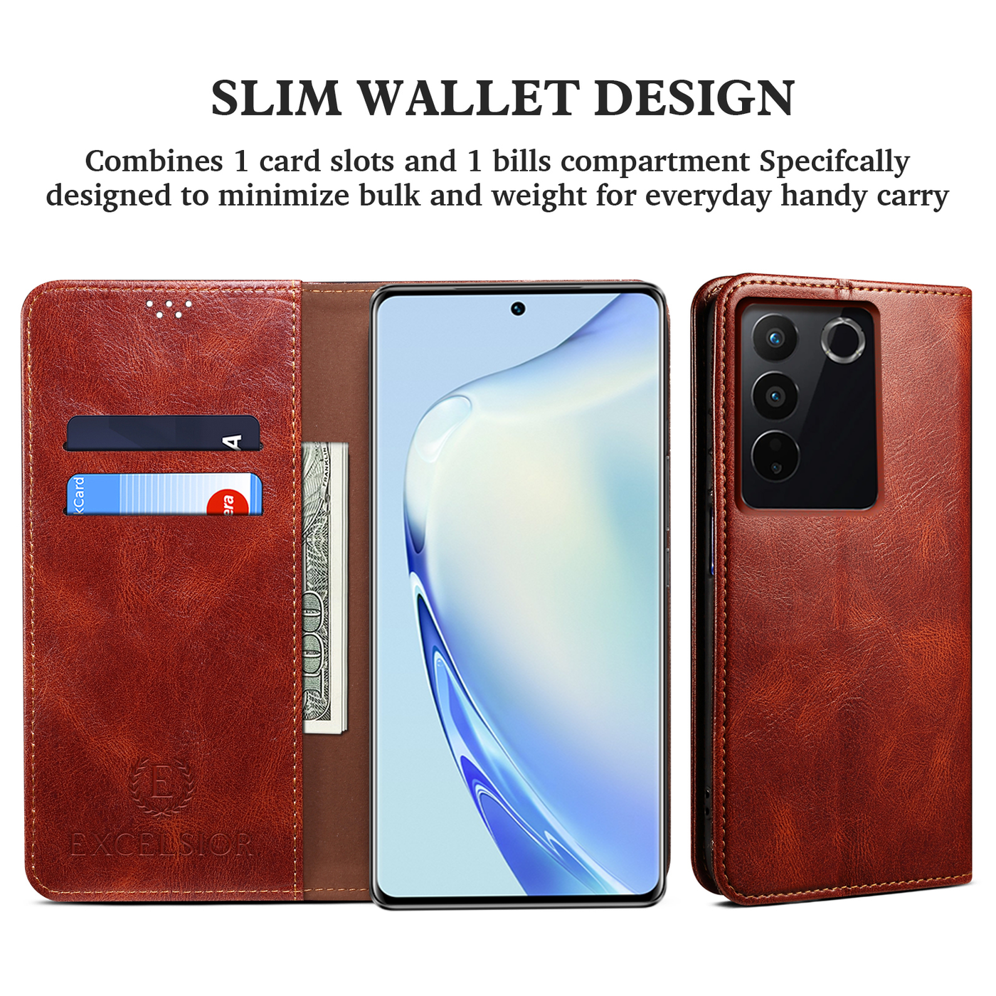 Excelsior Premium Vintage PU Leather Wallet flip Cover Case For Vivo V27 | Vivo V27 Pro 5G