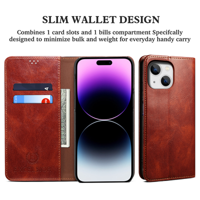 Apple iPhone 15 Plus Premium Vintage PU Leather Wallet flip Cover Case By Excelsior