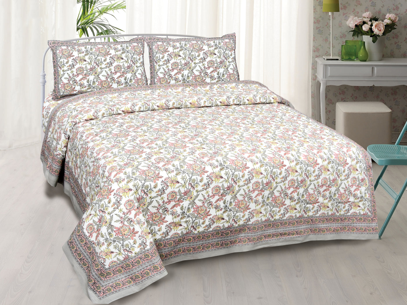 Wanderlust Premium | Full Size 90 x 108 in | 100% Pure Cotton | Double Bedsheet with 2 Pillow Covers (ETHJAI05)