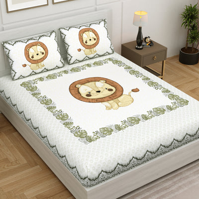 Wanderlust Premium | Kids Collection | King Size 100 x 108 in | 100% Pure Cotton | Bedsheet For Double Bed with 2 Pillow Covers - Baby Lion Design