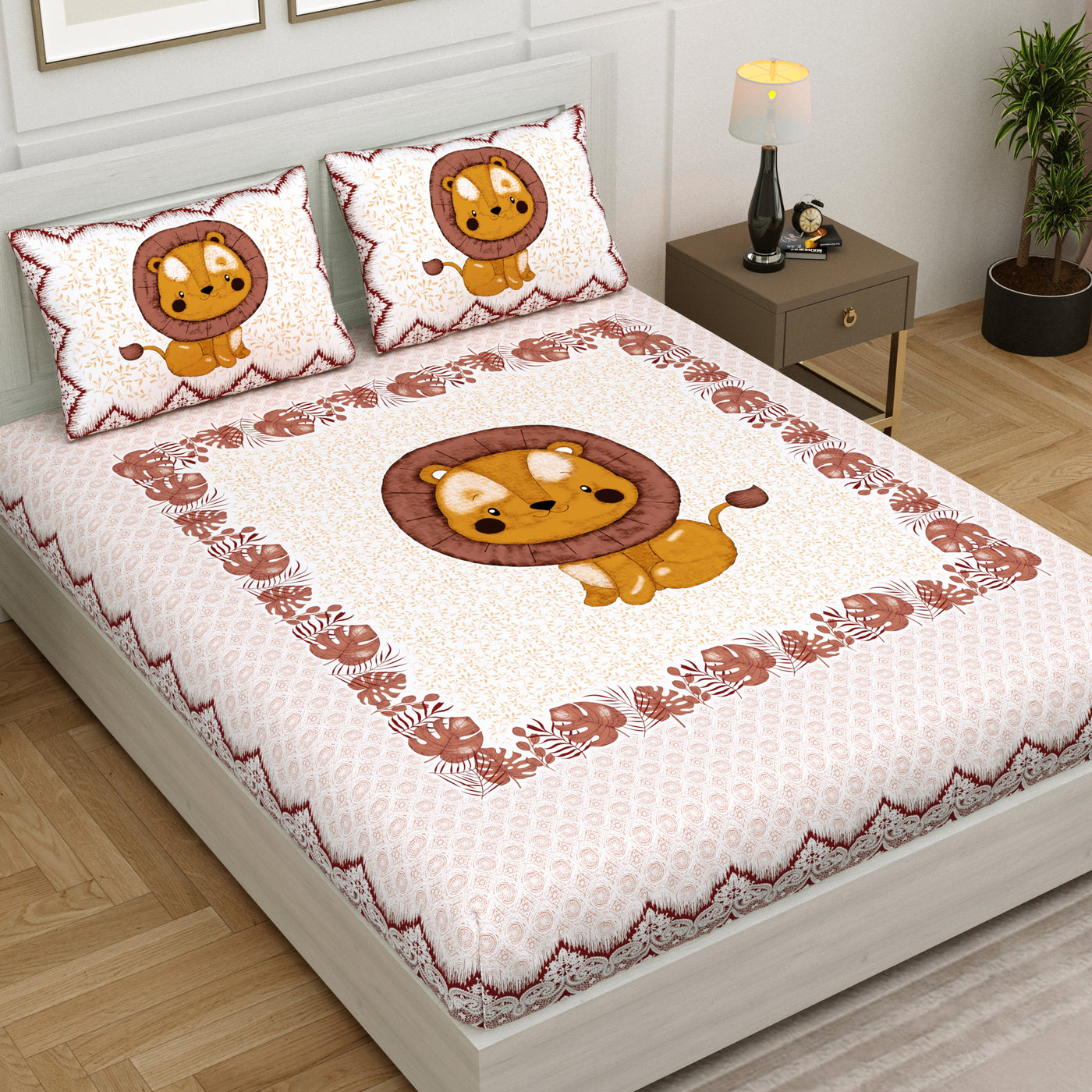Wanderlust Premium | Kids Collection | King Size 100 x 108 in | 100% Pure Cotton | Bedsheet For Double Bed with 2 Pillow Covers - Baby Lion Design