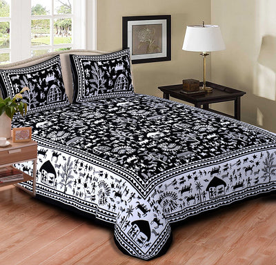 Wanderlust Premium | Full Size 90 x 108 in | 100% Pure Cotton | Double Bedsheet with 2 Pillow Covers (Black and White Designs)