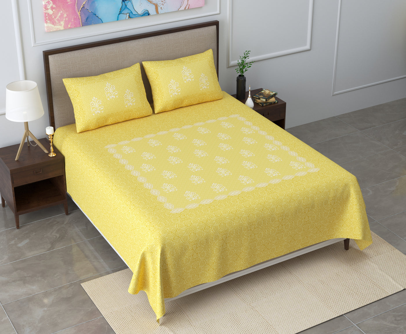 Pure Cotton Yellow Color Superking Size Bedsheet For Double Bed By Braise