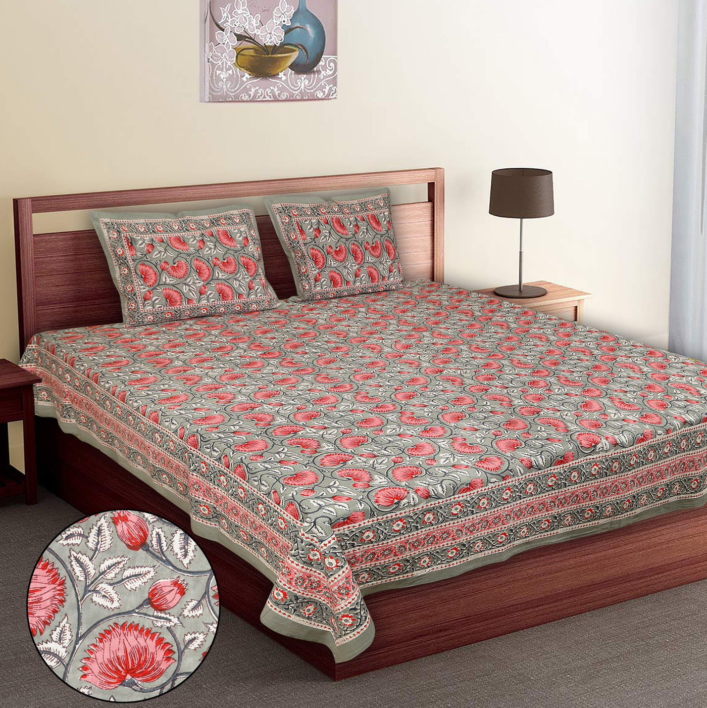 bedsheet grey red pink color with pillow covers