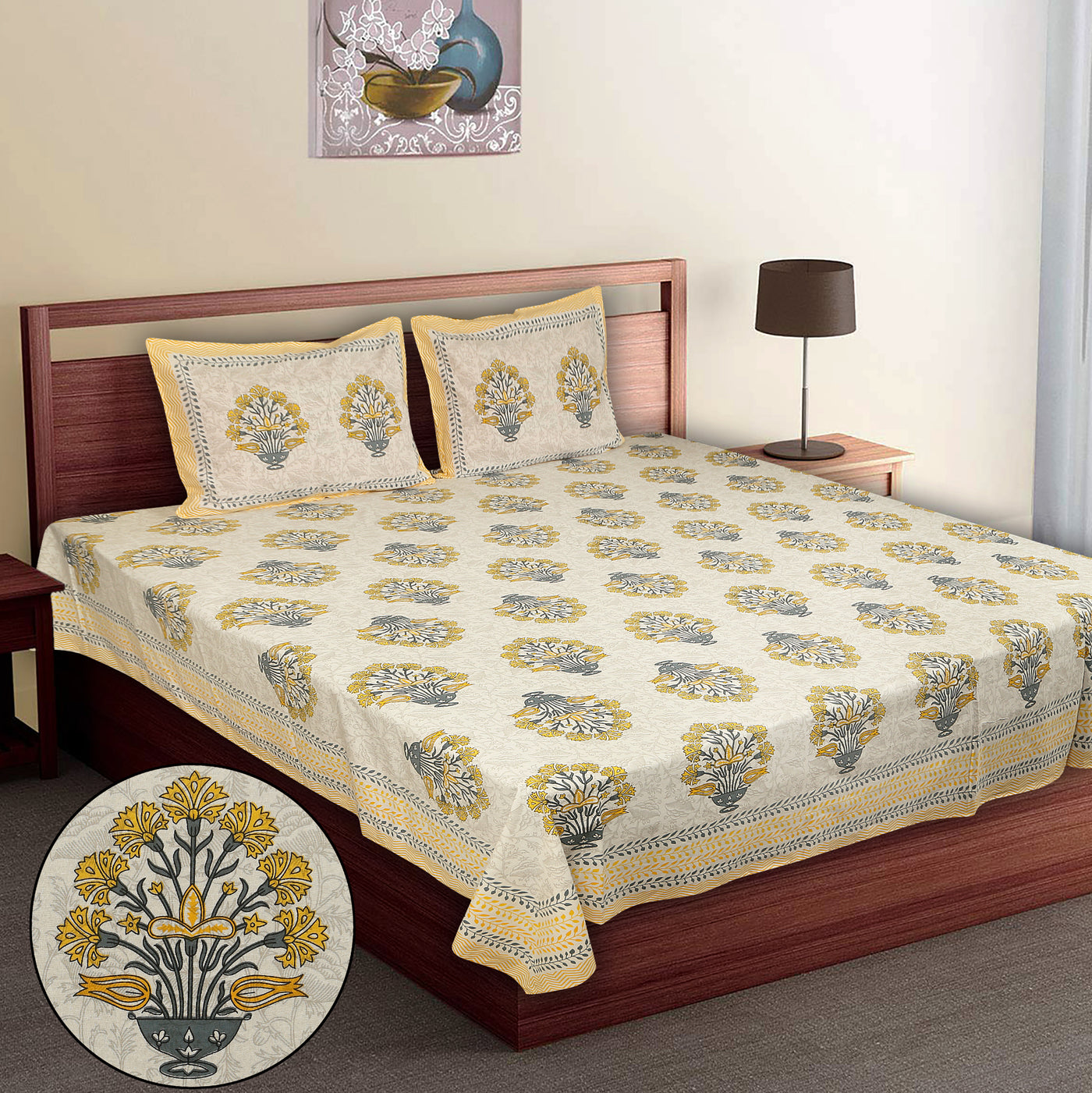 Braise Premium | Super King Size 108 x 108 in | 100% Pure Cotton | Bedsheet for Double Bed with 2 Pillow Covers (Bouquet Of Flowers Design )