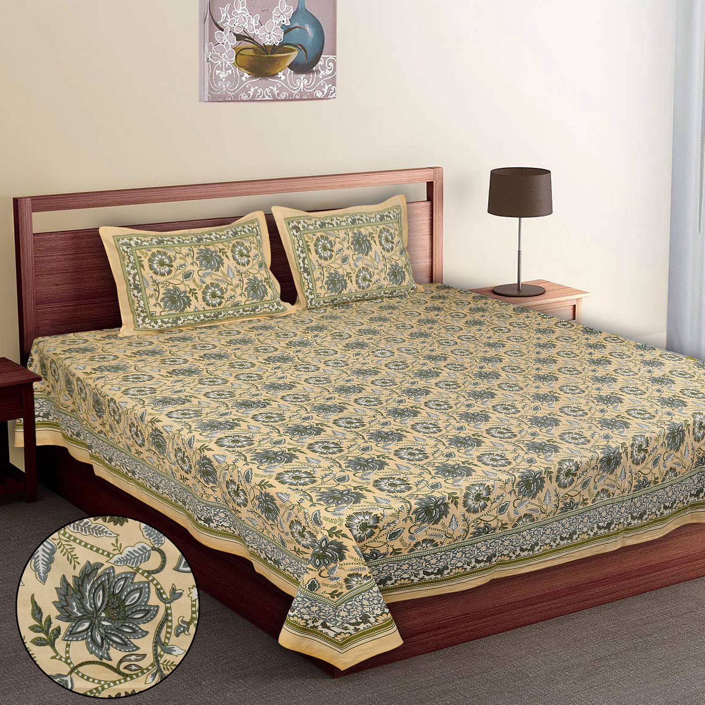 Wanderlust Premium | Super King Size 108 x 108 in | 100% Pure Cotton | Bedsheet for Double Bed with 2 Pillow Covers (8 Petal Flower Design)