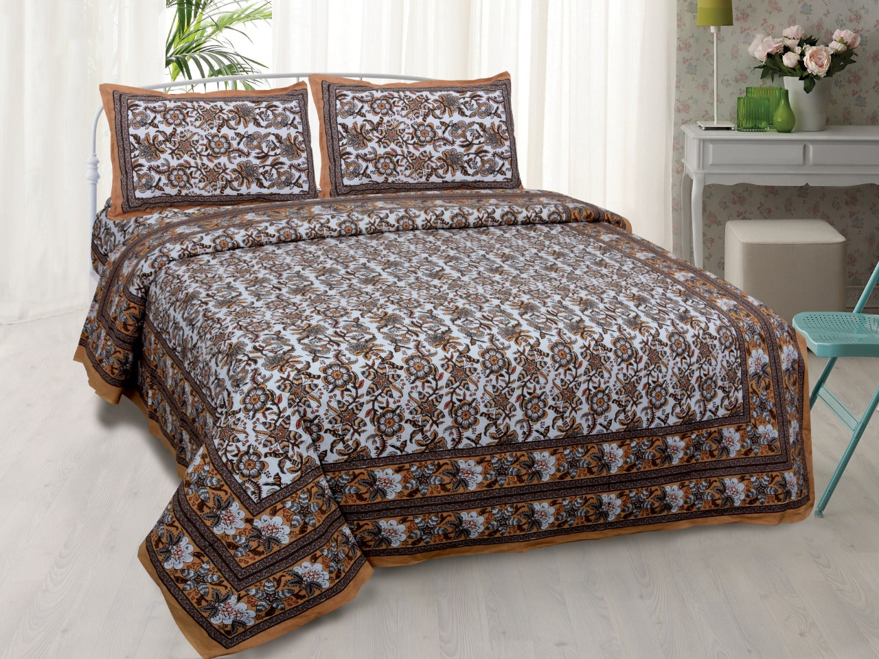 Wanderlust Premium | Full Size 90 x 108 in | 100% Pure Cotton | Double Bedsheet with 2 Pillow Covers (ETHJAI01)