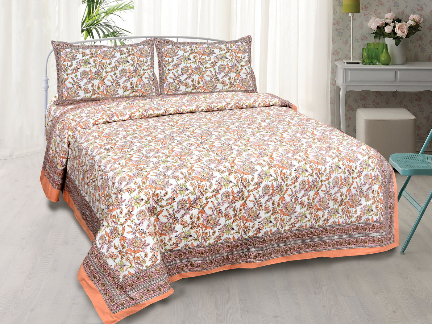 Wanderlust Premium | Full Size 90 x 108 in | 100% Pure Cotton | Double Bedsheet with 2 Pillow Covers (ETHJAI05)