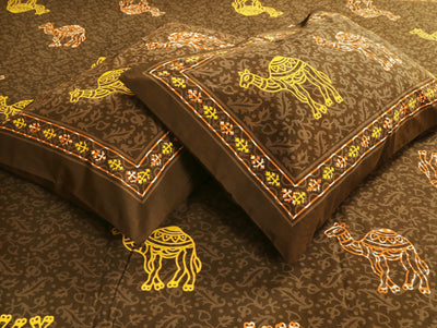 Wanderlust Premium | King Size 100 x 108 in | 100% Pure Cotton | Bedsheet For Double Bed with 2 Pillow Covers (Camel Design)