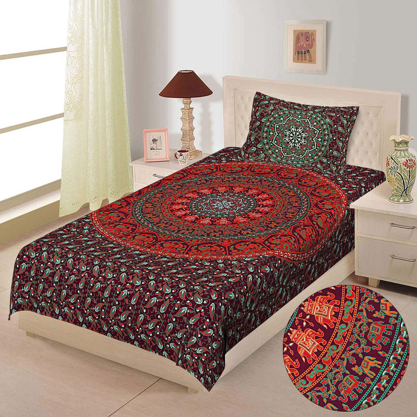 Wanderlust Premium |100% Pure Cotton | Single Bedsheet with 1 Pillow Cover (SNBR01)