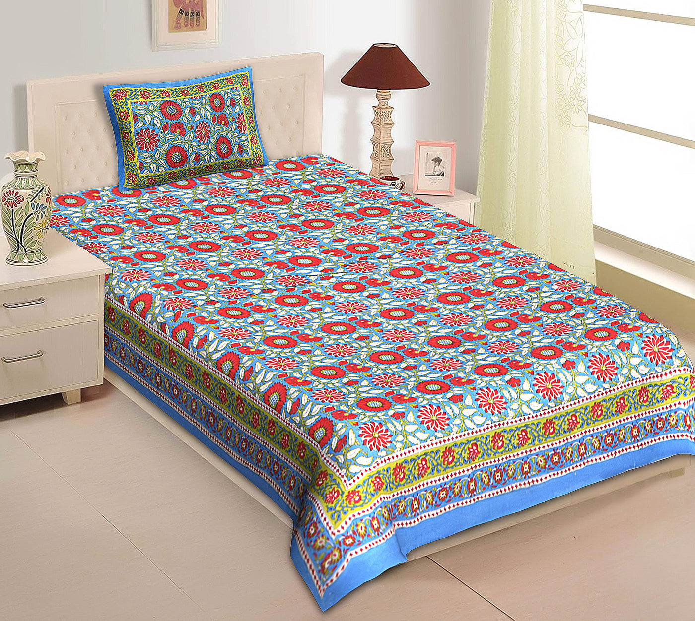 Wanderlust Premium |100% Pure Cotton | Single Bedsheet with 1 Pillow Cover (Rajasthani Floral Design)