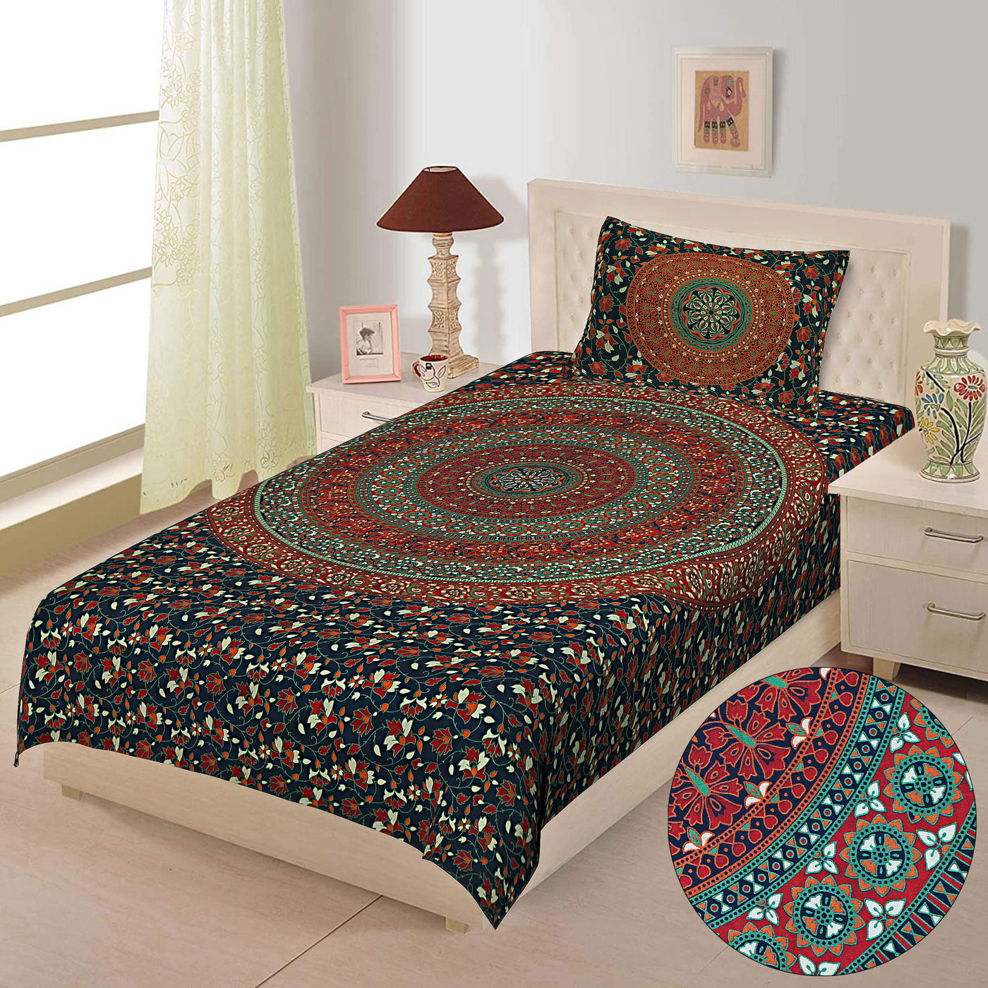 Wanderlust Premium |100% Pure Cotton | Single Bedsheet with 1 Pillow Cover (SNBR02)