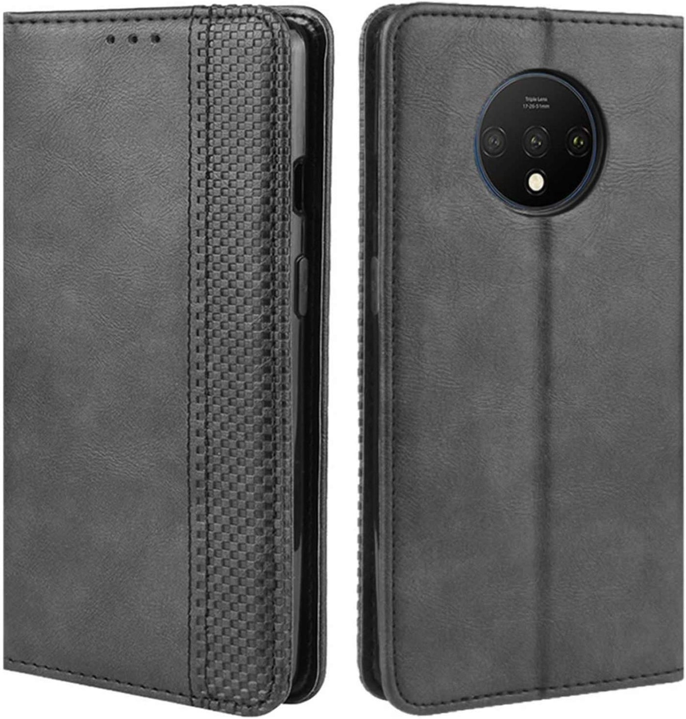 Oneplus 7T black color leather wallet flip cover case By excelsior
