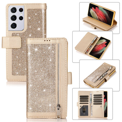 Excelsior Premium Leather Glitter Wallet Flip Case Cover | Trifold Purse Clutch For Samsung Galaxy S21 Ultra