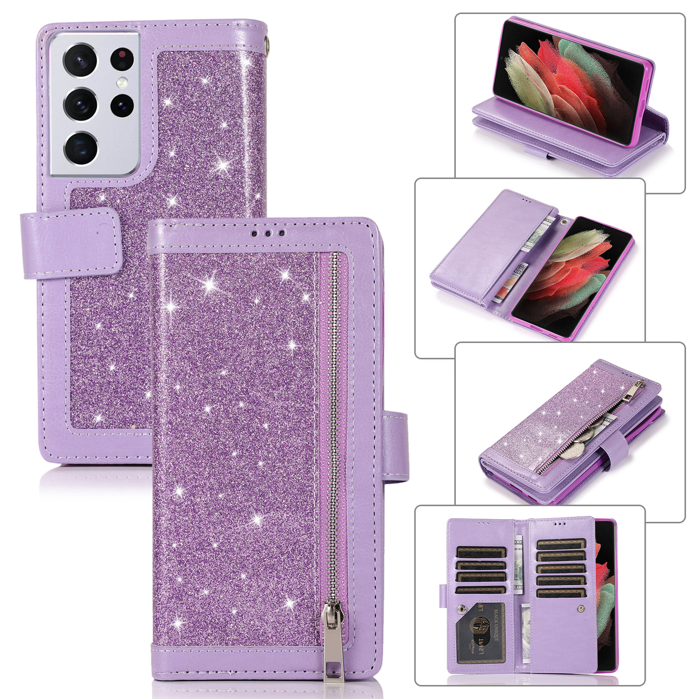 Excelsior Premium Leather Glitter Wallet Flip Case Cover | Trifold Purse Clutch For Samsung Galaxy S21 Ultra