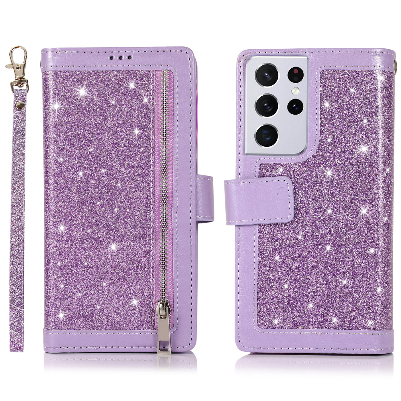 Excelsior Premium Leather Glitter Wallet Flip Case Cover | Trifold Purse Clutch For Samsung Galaxy S21 Ultra