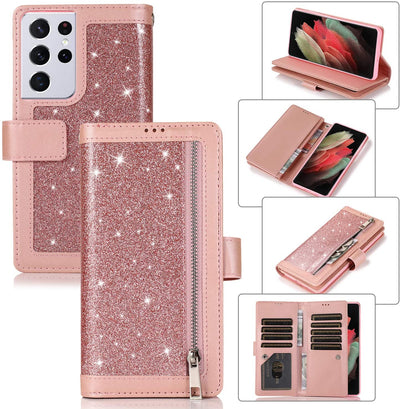 Excelsior Premium Leather Glitter Wallet Flip Case Cover | Trifold Purse Clutch For Samsung Galaxy S21 Ultra