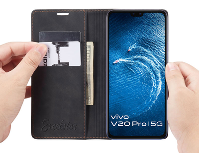 Excelsior Premium Leather Wallet flip Cover Case For Vivo V20 Pro