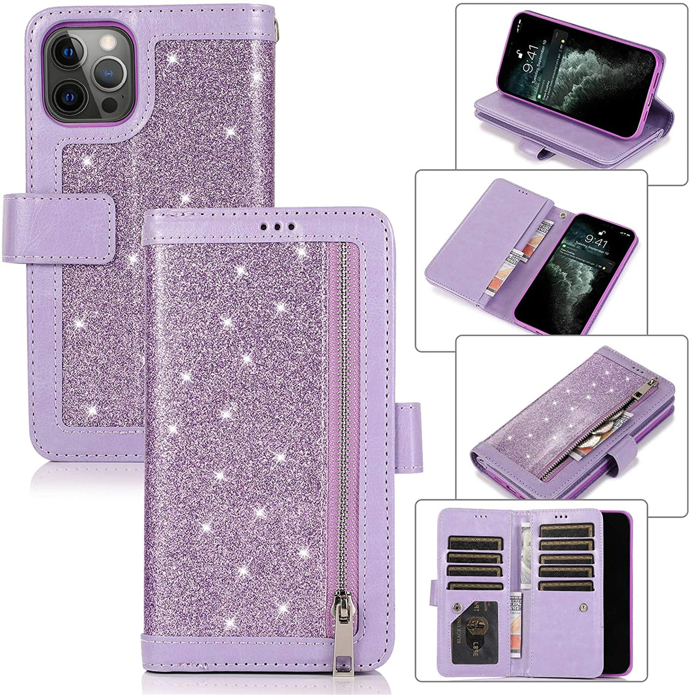 Excelsior Premium Leather Glitter Wallet Flip Case Cover | Trifold Purse Clutch For Apple iPhone 13 Pro Max
